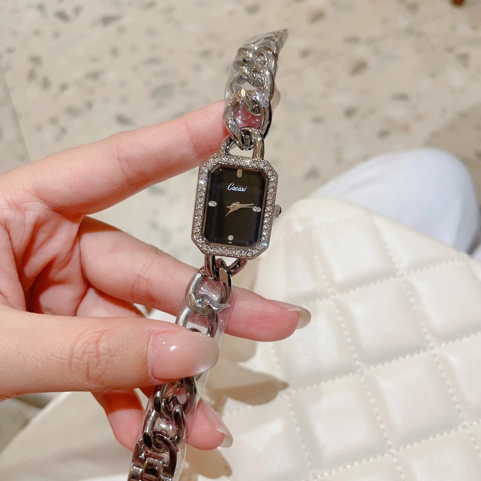 KAIRIS Women's Silver Rectangle Quartz Watch Black Dial Rhinestone Bezel Chunky Chain Bracelet Fashion Wristwatch