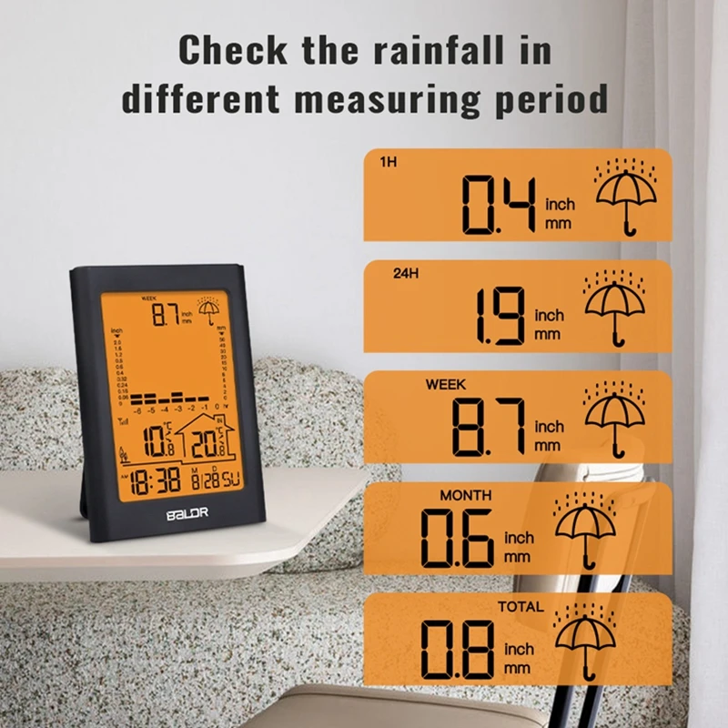 Wireless Rain Gauge LCD Digital Weather Station In/Outdoor Time Thermometer Real-time Rainfall Record Rain Measure Meter Sensor