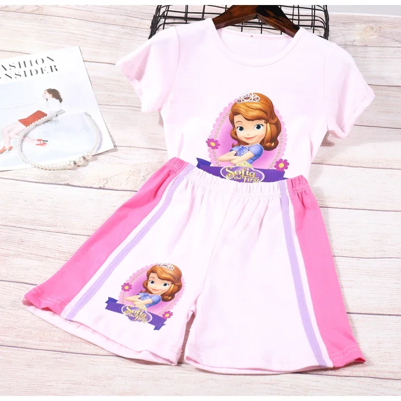 Summer Cartoon Frozen Anna Elsa Sofia Baby Girls Clothes Sets Short Sleeve T Shirt+Pant Shorts 2Pcs Set Kids Clothing Sport Suit