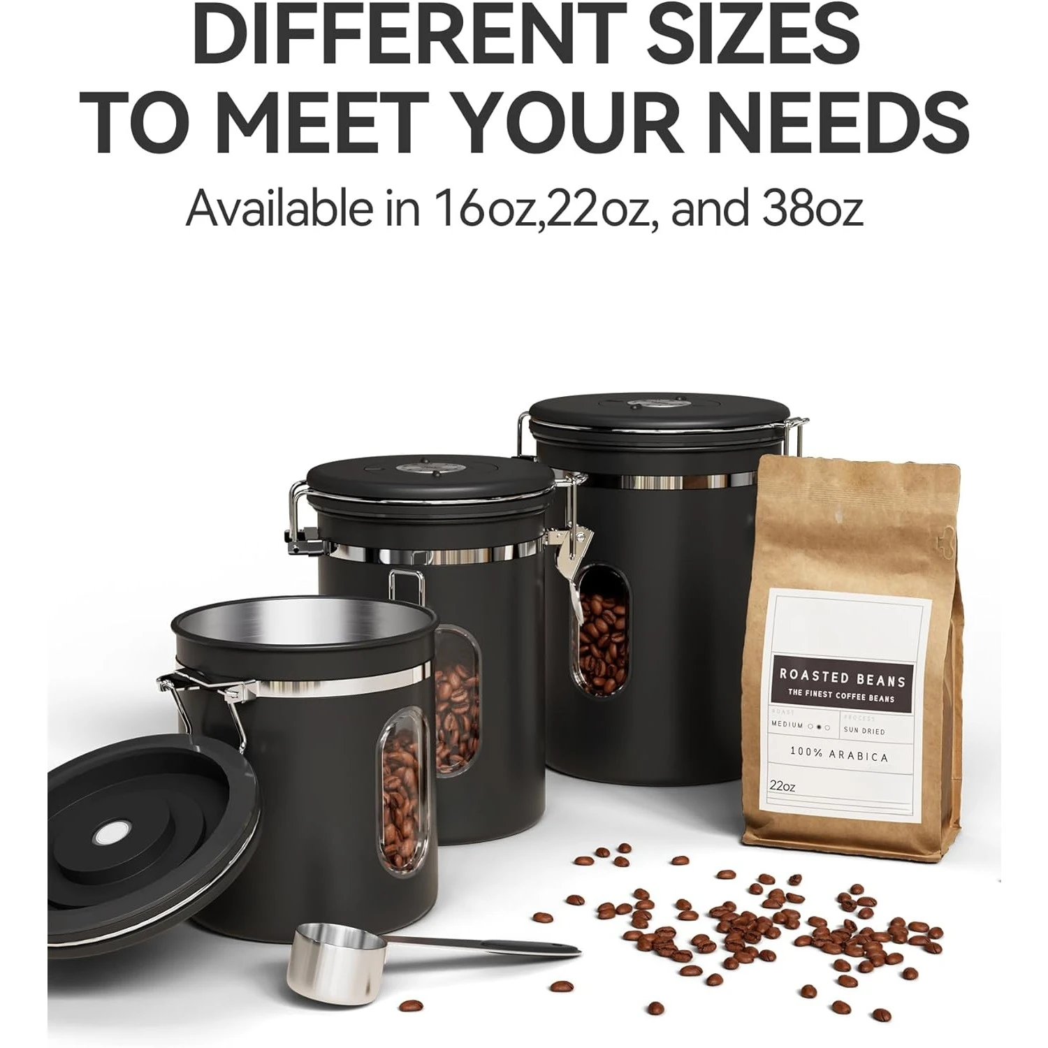 Coffee Canister with Window, Airtight Stainless Steel Kitchen Food Storage Container with Lids, Date Tracker and Scoop