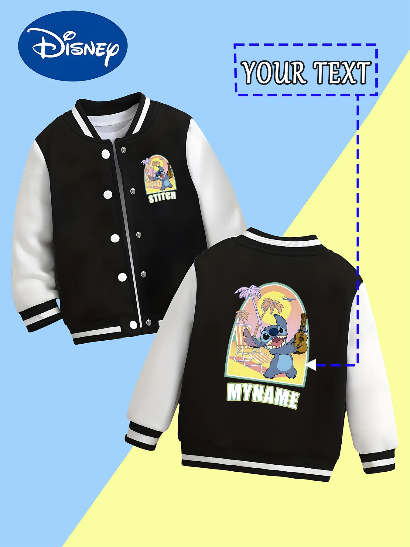 

MINISO Disney Beach Stitch Boys' Baseball Jacket - Stitch's beachy antics are available in a custom "MYNAME" holiday style. This