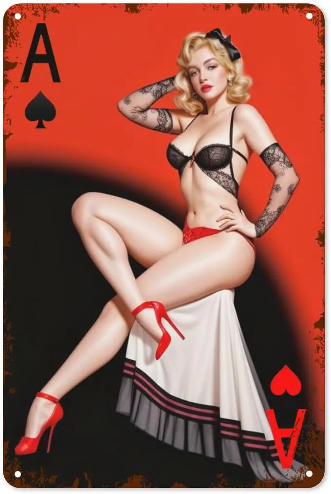 Vintage Poker Ace American Girl Pin-Up Metal Tin Sign Retro Black Lace Beauty Girl Wall Art Funny Decorations for Home Man Cave