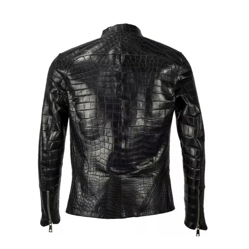 Men Real Leather Crocodile Emboss Jacket Biker Motorcycle Black Alligator Jacket