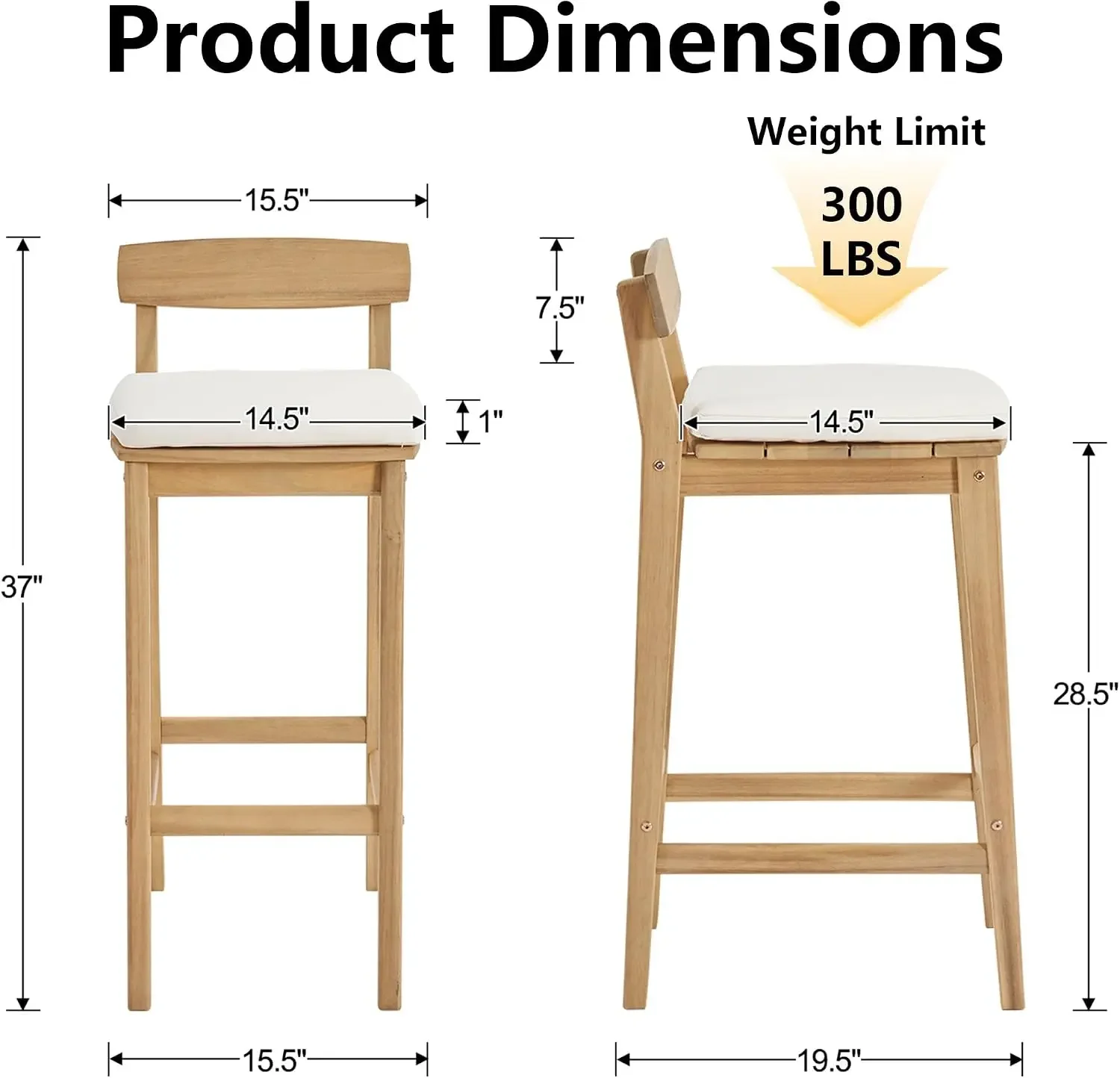 Patio Bar Stools Set of 4, Solid Acacia Wood Patio Barstools with Footrest, 28.5