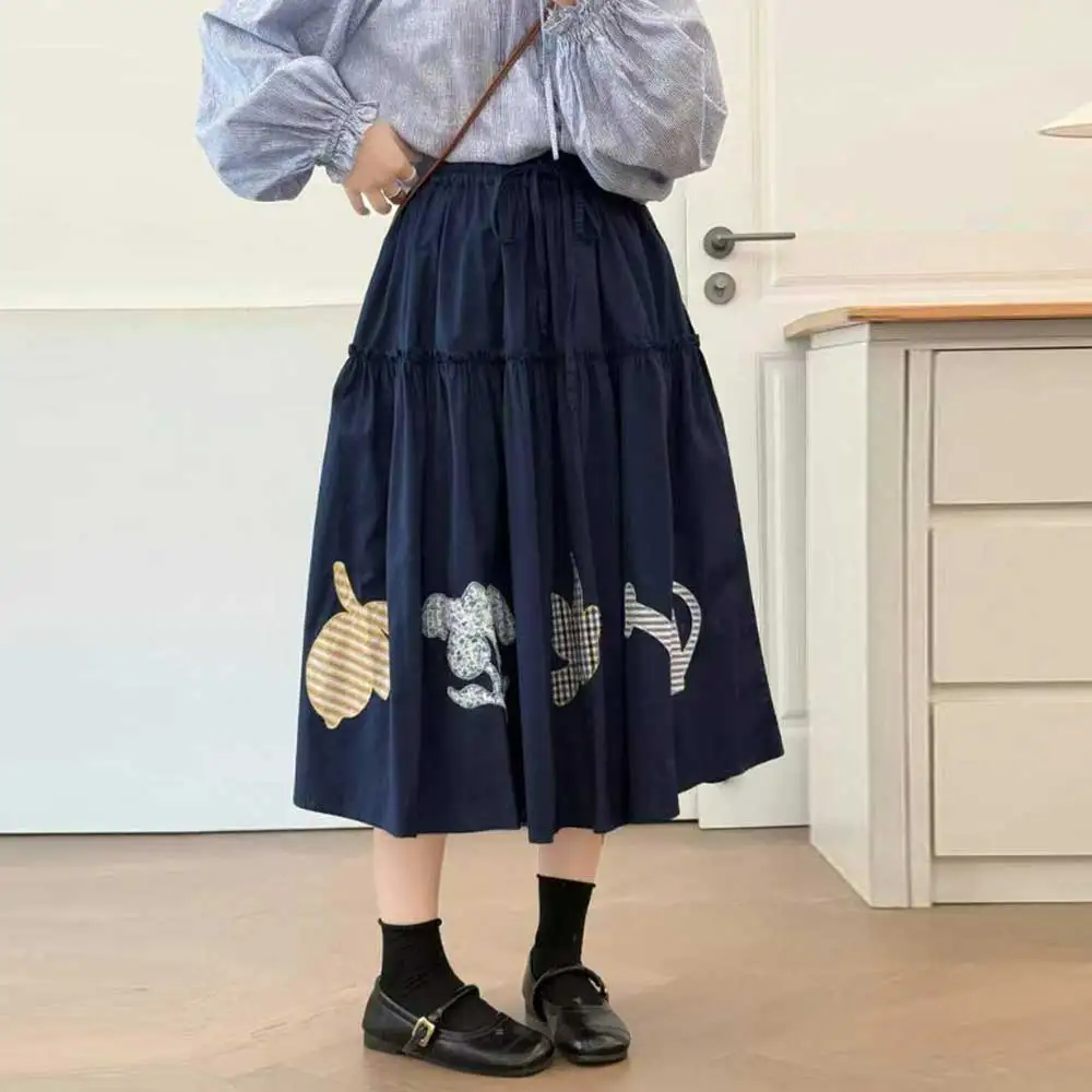 

Japanese Vintage Mori Girl Cartoon Embroidery Cotton Skirts Women Autumn New Elastic Waist Casual Loose A-Line Pleated Skirts