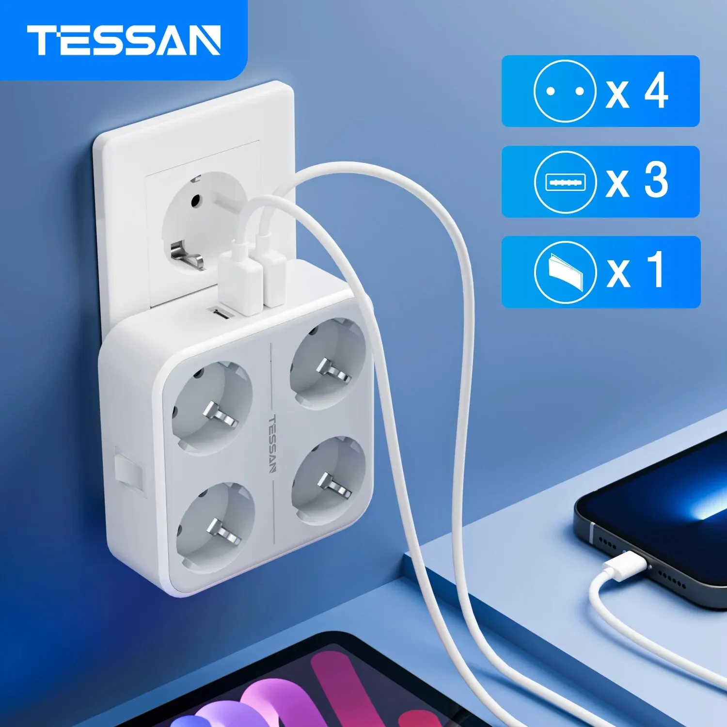 TESSAN USB Wall Socket Extender with 4 AC Outlets +3 USB Ports 5V 2.4A Adapter 7-in-1 Plug Socket On/Off Switch for Home Office