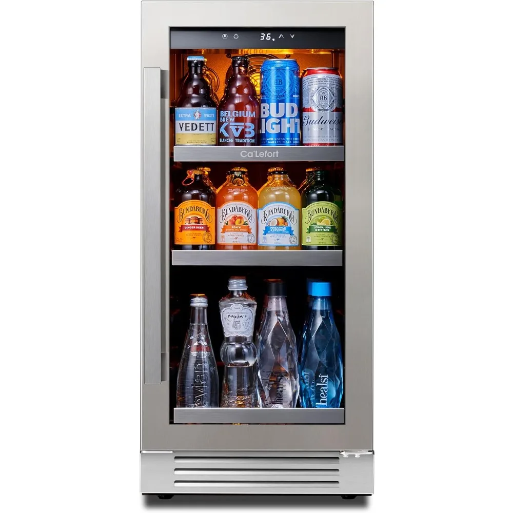 15 Inch Beverage Refrigerator, 100 Can 34°F -54°F Beverage Cooler, Mini Fridge Glass Door for Soda Beer, 3 Color Light Drink