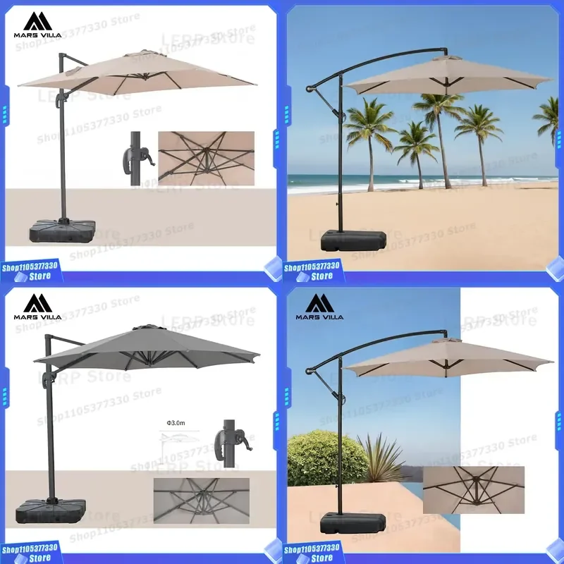 Solar Powered Cantilever Umbrella with LED Lights Outdoor Garden Parasol Heavy Duty Base Sun Shade Patio Furniture for Yard