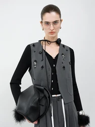 FSLE【Premium Series】Autumn Set Grey Chic Vest Trouser Elegant Temperament Short Sleeveless Coat High Waist Pants Party Outfits