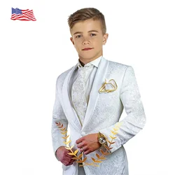 Jacquard Boys Wedding Suit Custom White Smoking Tuxedo Jacket Pants 2-piece Set Kids Terno Suit