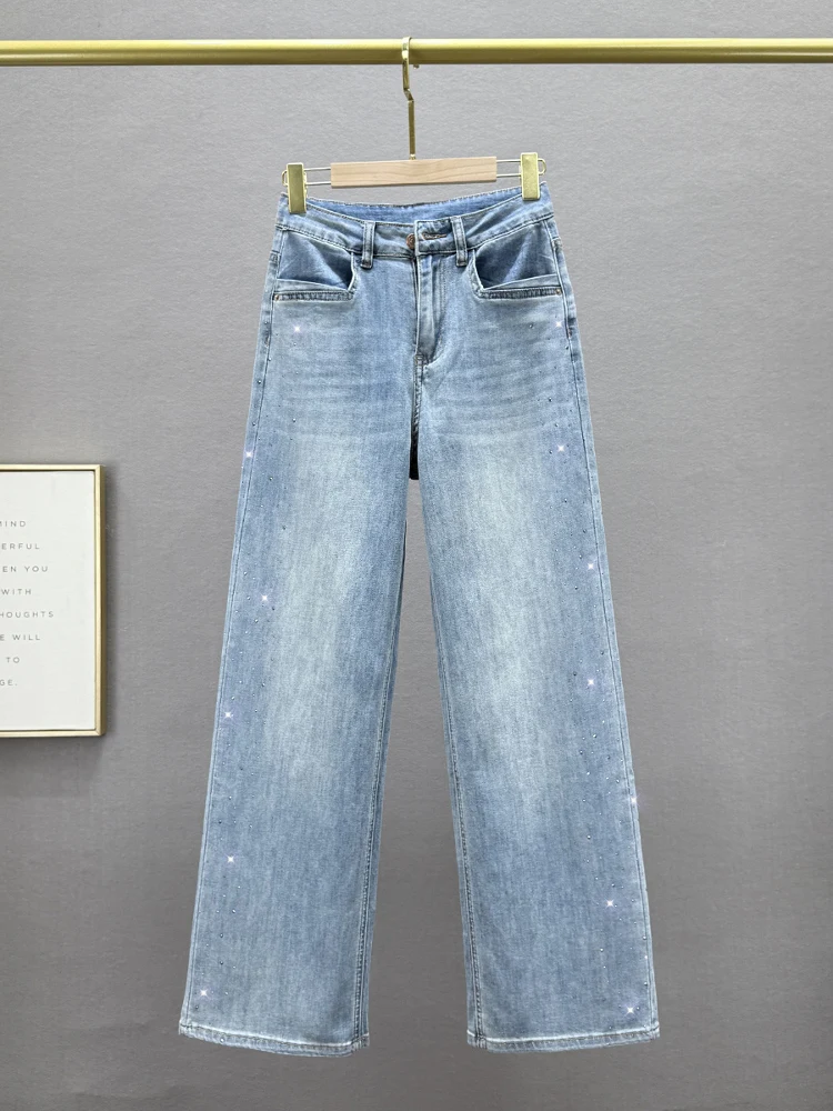 

Джинсы с высокой талией и широкими штанинами для женщин, весна-лето, новинка, прямой крой, джинсовые брюки со стразами, свободный крой, визуально стройнящие