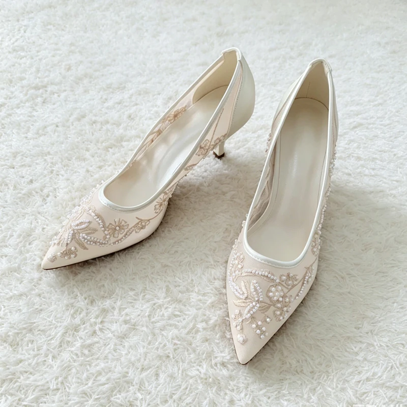 String Bead Mesh Embroider High Heels Women Sexy Pointed Toe Heeled Sandals Summer Elegant Luxury Designer Wedding Pumps Shoes