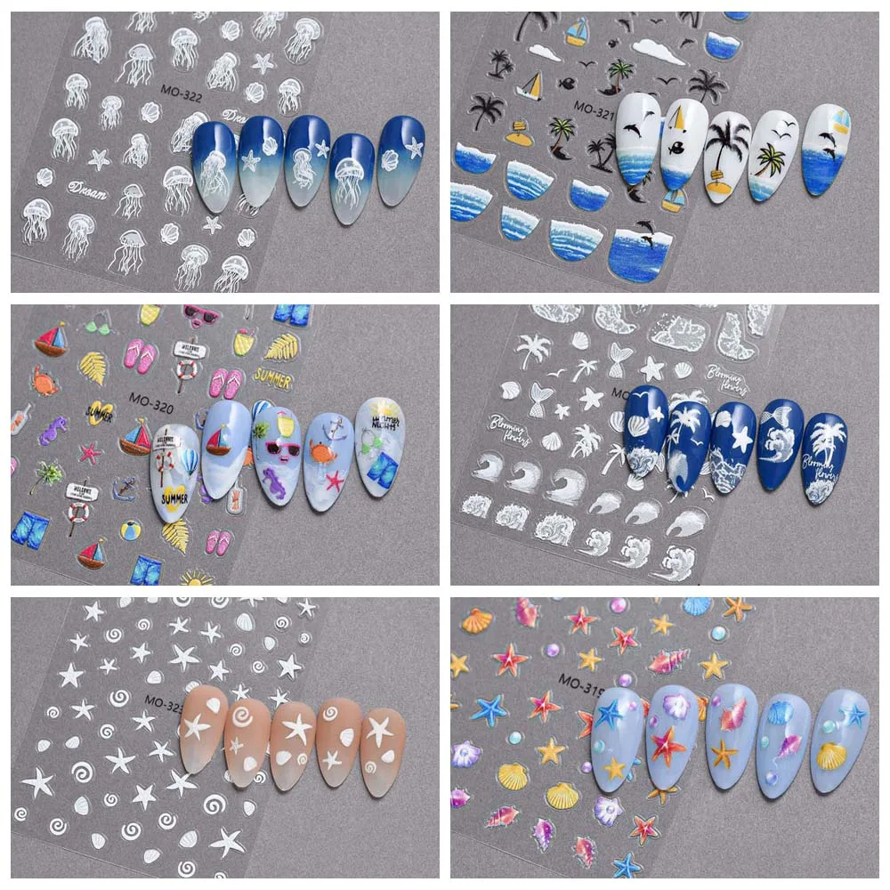 Conch Star Ocean Nail Stickers Sea Jellyfish Ocean Shell Ocean Nail Decals Coconut Tree Soft Embossed Stickers