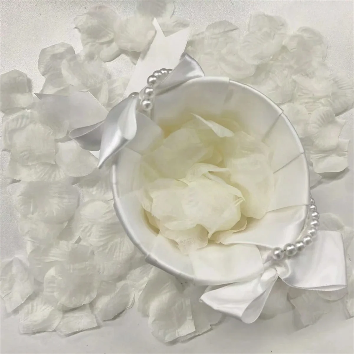 Wedding Flower Girl Basket with Cute Pearl Handle Bowknot Satin Flower Baskets for Wedding Ceremony image 4
