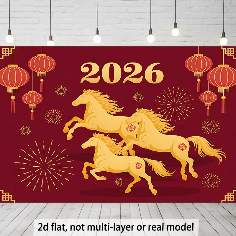 2D plano 1 pieza 2026 Año Nuevo Chino patrón de caballos tela de fondo de poliéster-decoración tradicional china y caballos galopantes