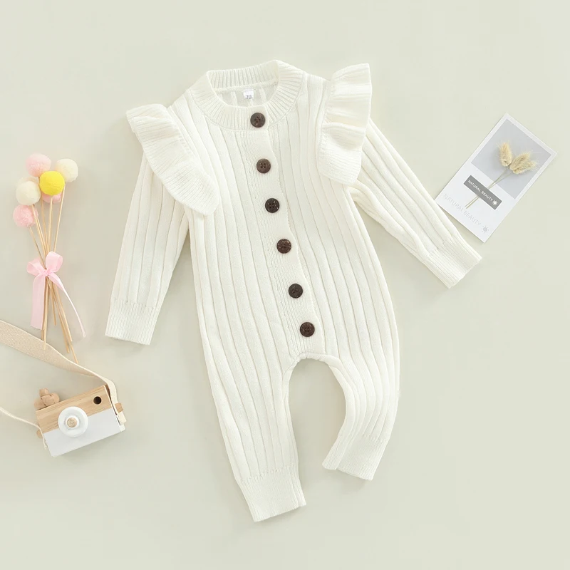 2022-07-08 Lioraitiin 0-18M Baby Girl’s Knitted Long Sleeve Jumpsuit Fashion Solid Round Neck Button Casual Long Romper