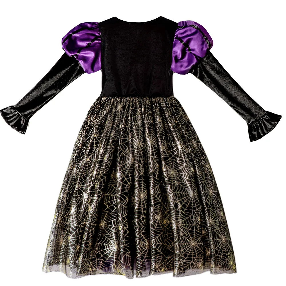 Mädchen Lila-Schwarzes Hexenkostüm mit Hut, Goldener Spinnennetz-Druck Tüllkleid 2026 Halloween-Kleidung, Fantasievolles Zauberer-Cosplay-Outfit – Detail 3