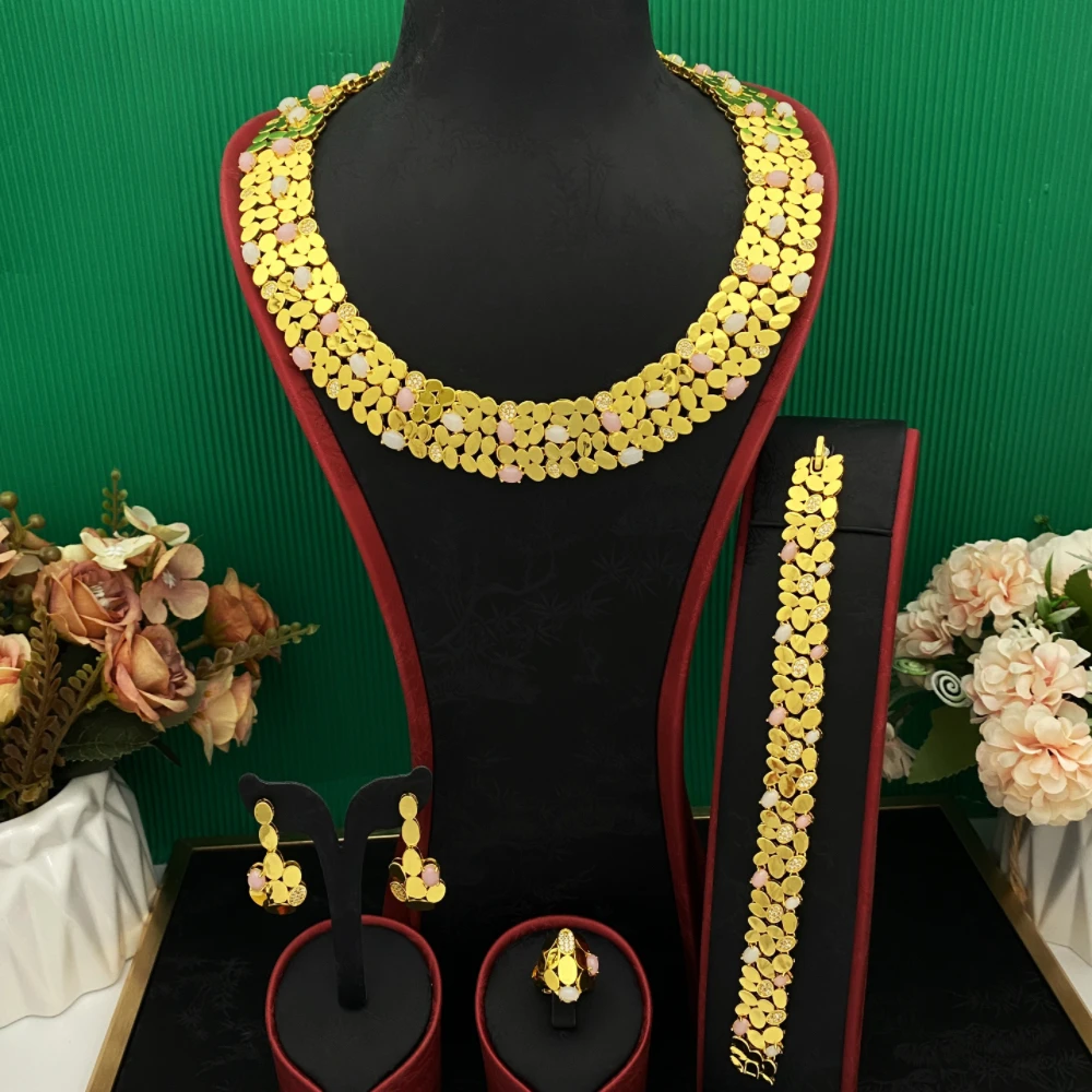 

JRH High Quality Gold Plated Brass Jewelry Set Shining Zircon Bracelet Ring Necklace Earrings Perfect Birthday Gift for Women