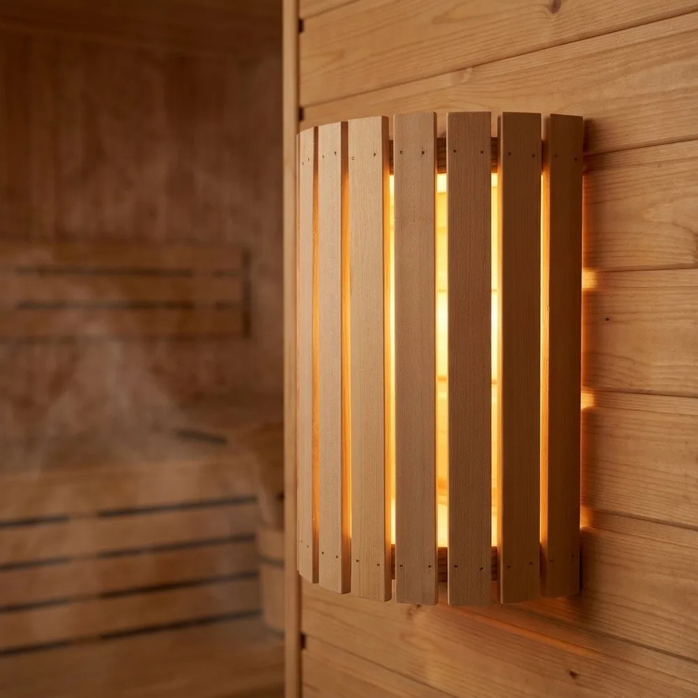 Semi-Cylindrical Wooden Lampshade for Sauna Lighting Applications with Heat-Tolerant Design and Rustic Decor Appeal