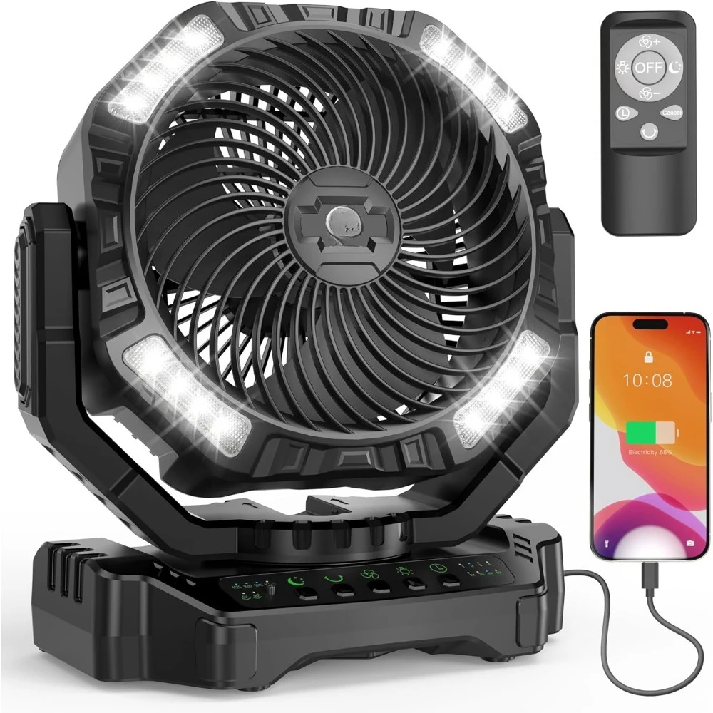 BLACK Portable Camping Fan w/LED Lantern,40000mAh Rechargeable Battery Operated,Auto-Oscillating with Remote,4 Speeds 4 Timers
