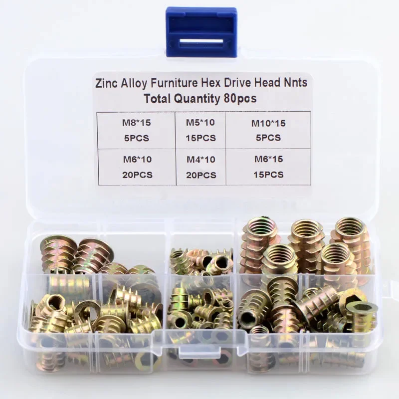 

80PCS Wood Insert Nuts M4 M5 M6 M8 M10 Zinc Alloy Hexagon Wood Threaded Inserts Furniture Nut T-shaped Embedded Nut
