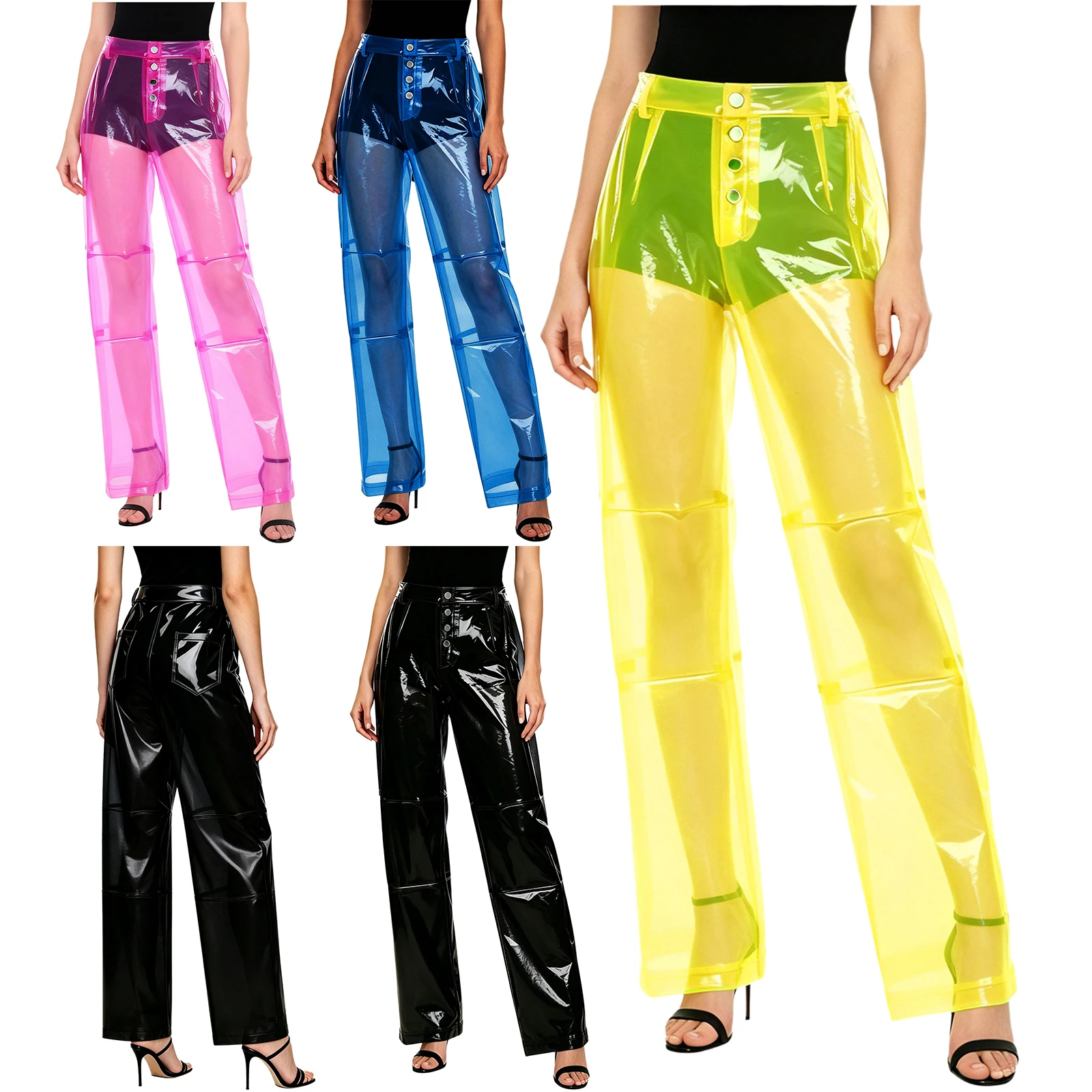 Woman Transparent Button Trousers Fashion See Through Pvc Pants Straight Trousers Clubbing Party Prom Bar Costume Clubwear