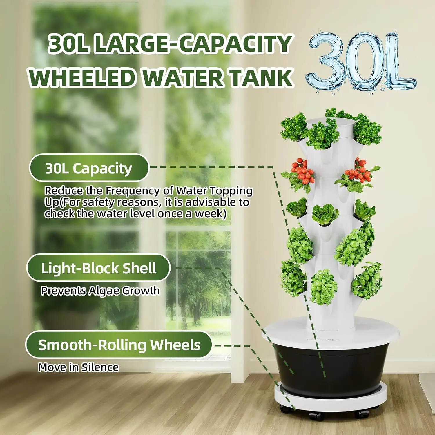 Hydroponics Growing System Kit Hydroponic Tower 5 Tiers 20 Pods Wheels Pump Timer 30L Large Capacity Water Tank Automatic Wateri