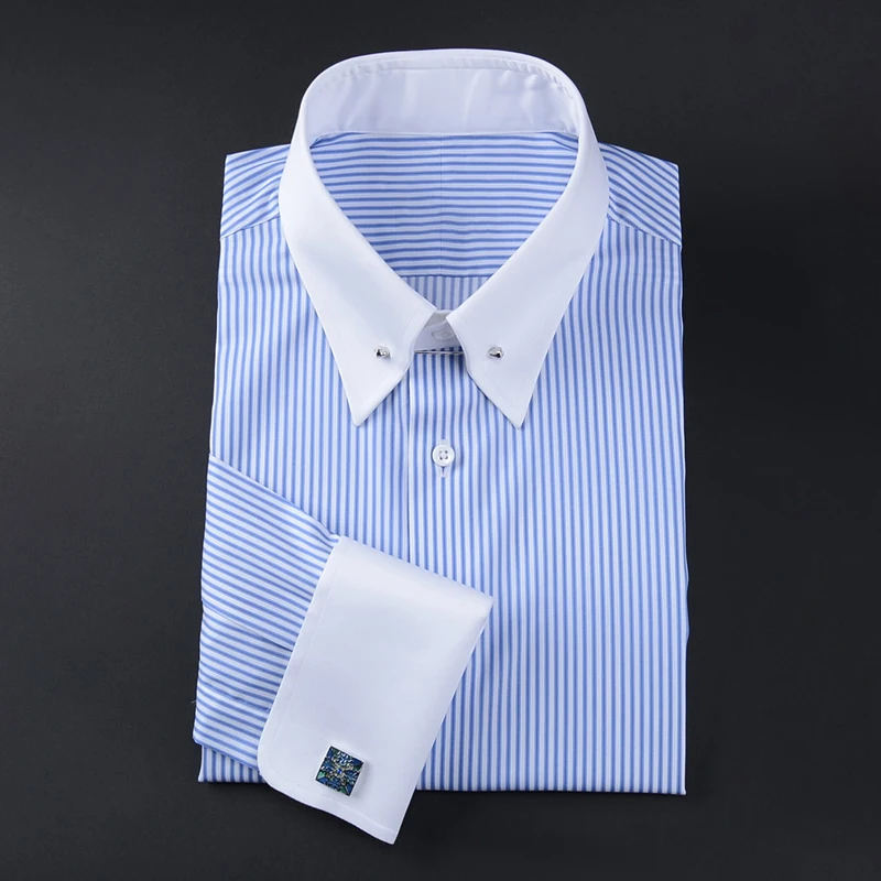

men's empire collar long sleeve French shirt slim-fit business trend striped shirt men