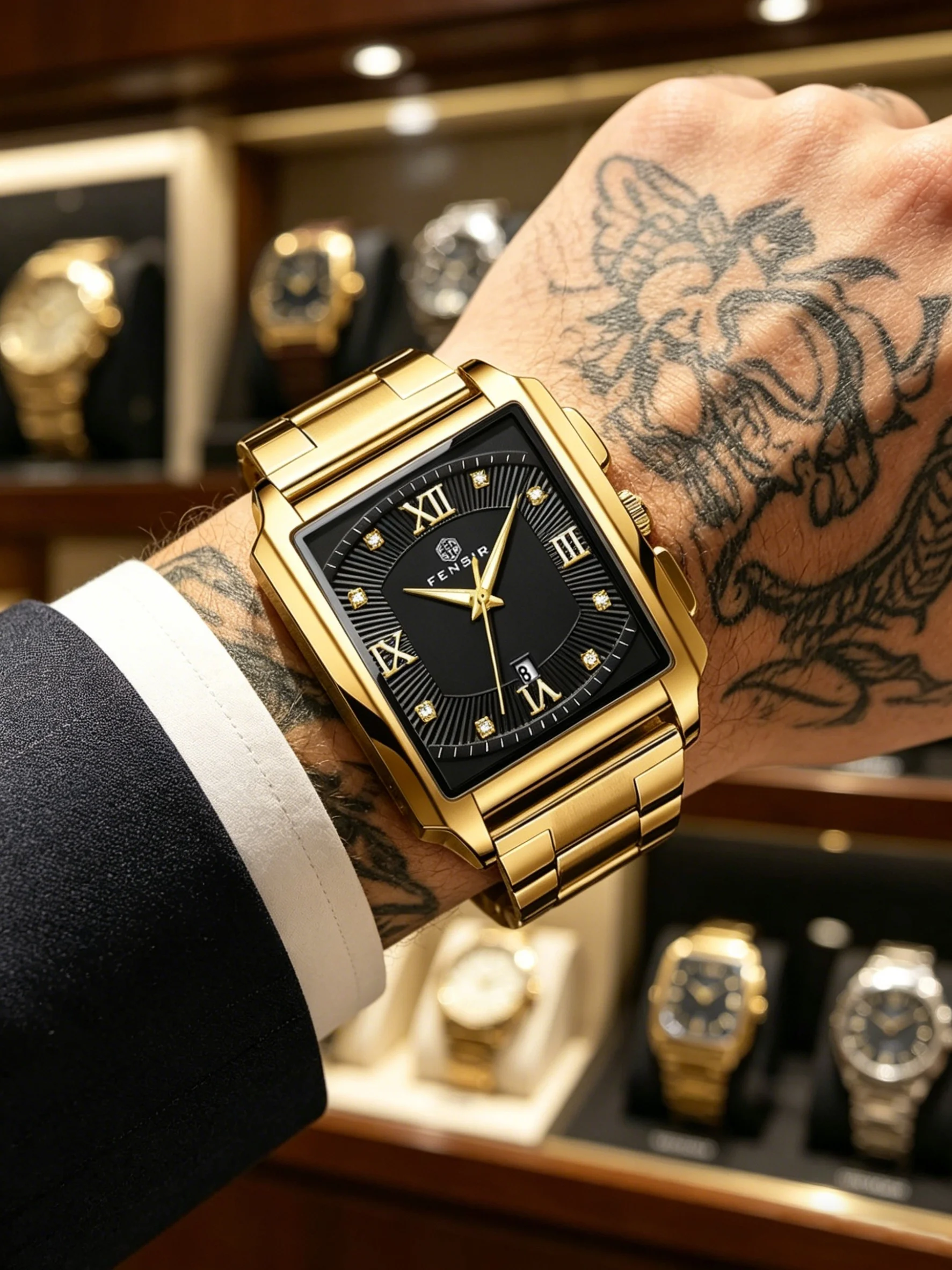 

Light Luxury Retro Punk Men's Quartz Watch, Stylish Square Black Dial Men's Watch, Diamond-Encrusted Waterproof Steel Band Wristwatch, Cool and Unique Trendy Men's Commuter Watch, High-Value Popular Men's Watch for Business, Parties, and Street Wear
