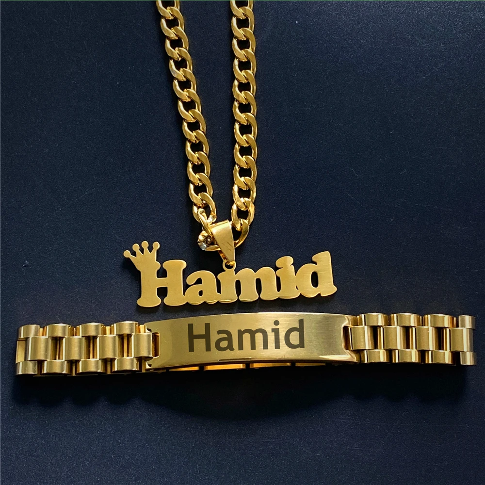 

Personalized Custom Carving Name Necklaces For Men Women Nameplate Bar Cuba Chain Pendants Bangles Stainless Steel Jewelry Set