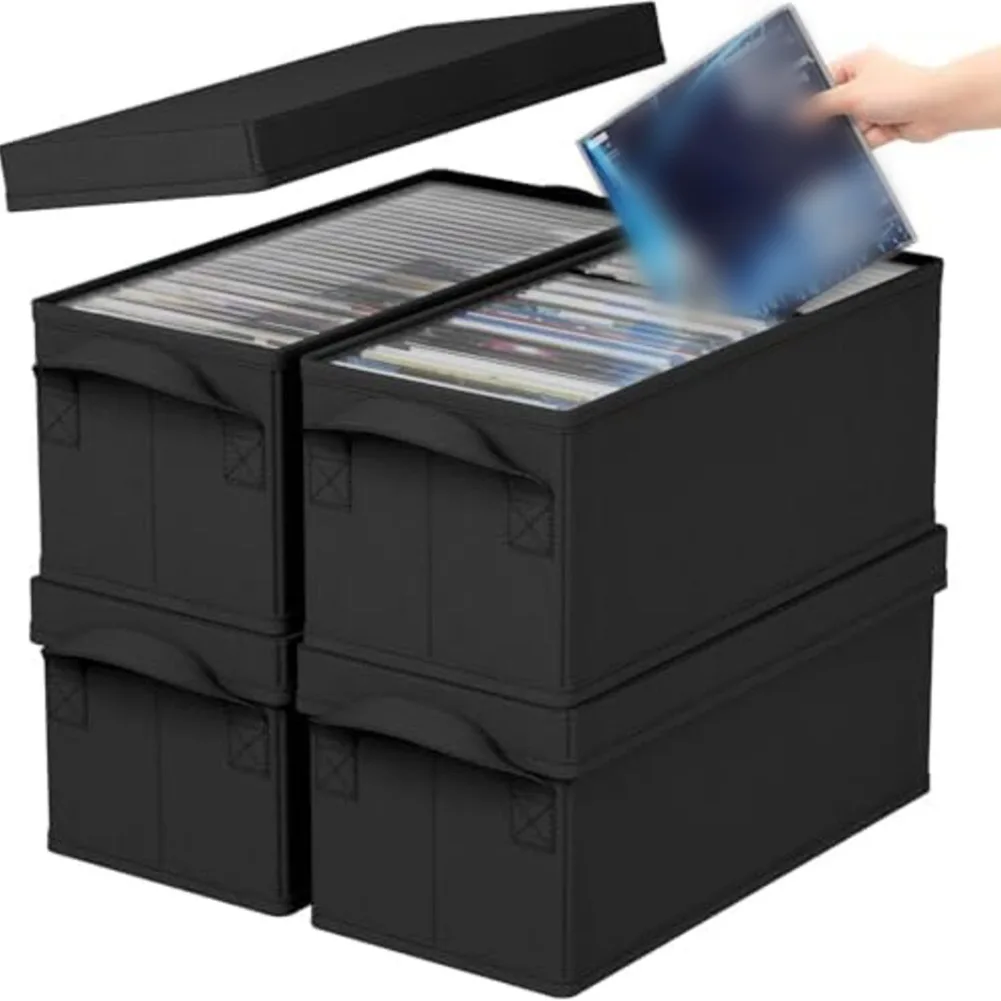 Black Oxford Fabric CD Storage Box Holds Up To 35 Full Jewel Cases With Sturdy Handles For Easy Transport And Stackable Design