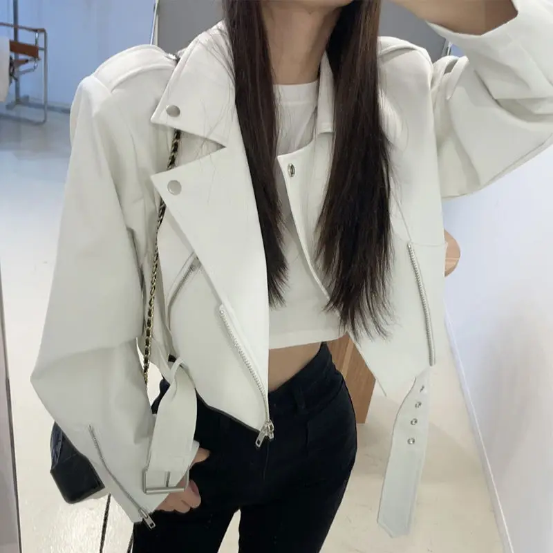 Jaqueta de Couro PU para Motocicleta Feminina, Estilo Novo de Primavera e Outono, Premium, com Gola Reversível e Grandes Bolsos, Estilo Coreano