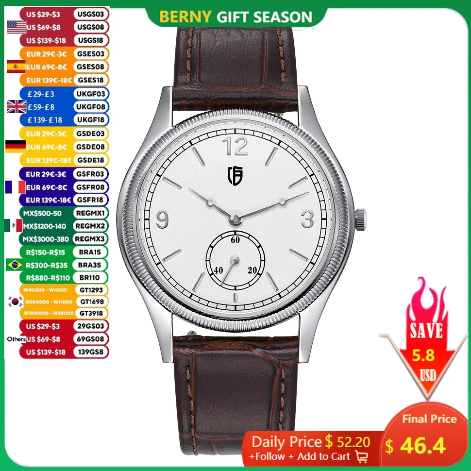 BERNY Watches for Men Ultra-Thin Simple Easy Read 38mm Quartz Man Watch Leather Strap Couple Men\'s Stylish Dress Wristwatch