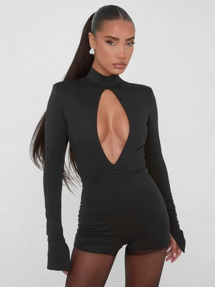 

Mozision Hollow Out Long Sleeve Sexy Playsuit Women Rompers Fashion Autumn Winter Zipper High Waist Skinny Club Party Playsuits