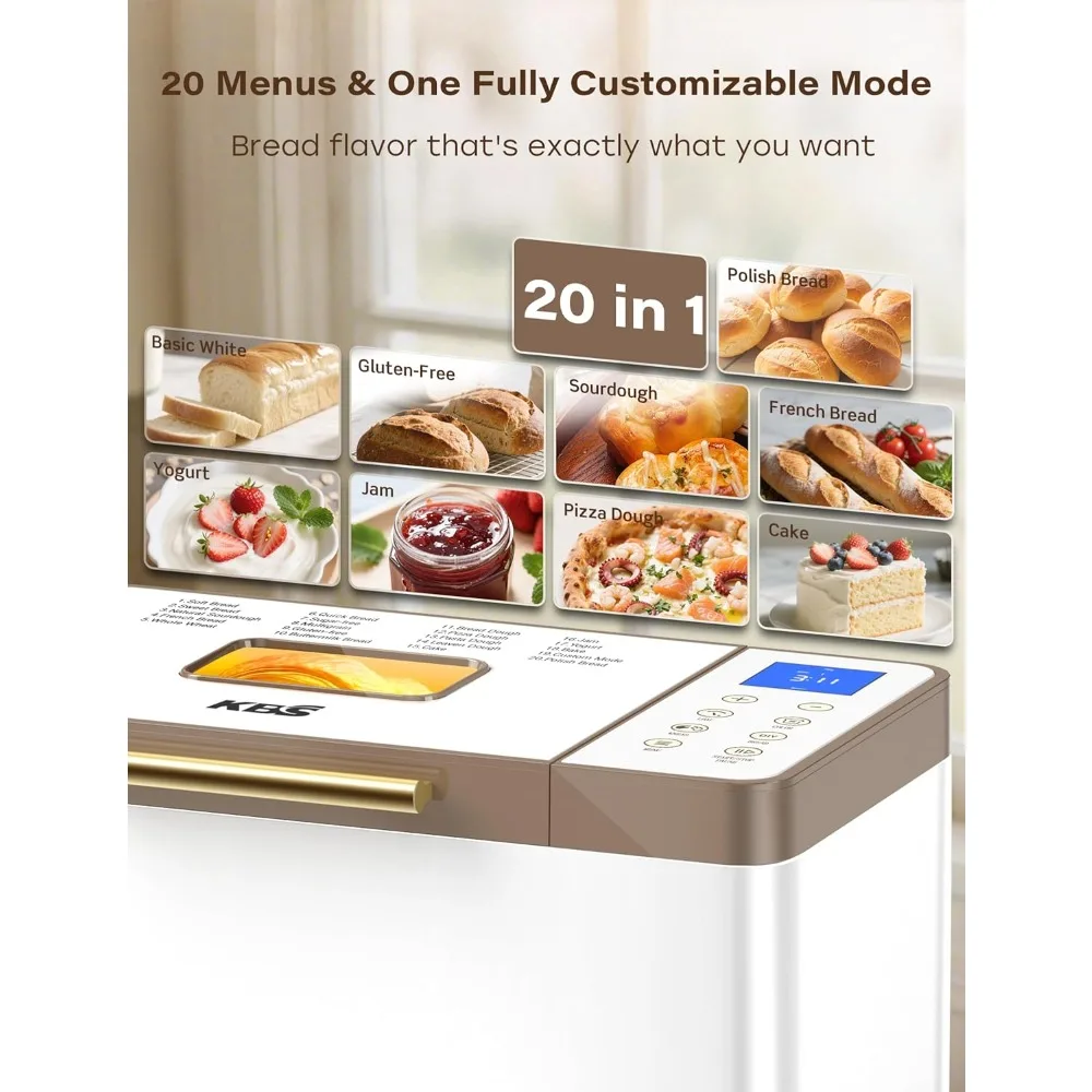 

KBS 20-IN-1 Bread Maker with Custom Program, 650W Bread Machine with Nonstick Ceramic Pan & Stainless Steel Paddle, 2LB Bread Ma