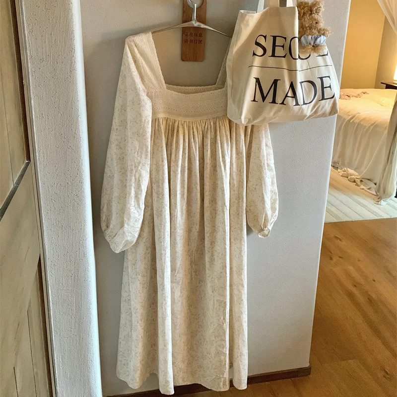 Korean Sweet Girls French Romantic Lace Floral Gentle Home Wear Pajamas Nightgown Sleepwear