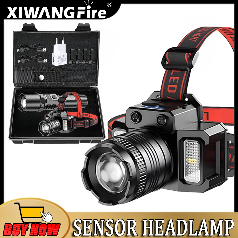Powerful LED Headlamp Motion Sensor Zoom Headlight 18650 USB C Rechargeable COB Head Flashlights High Power Fishing Head Torch