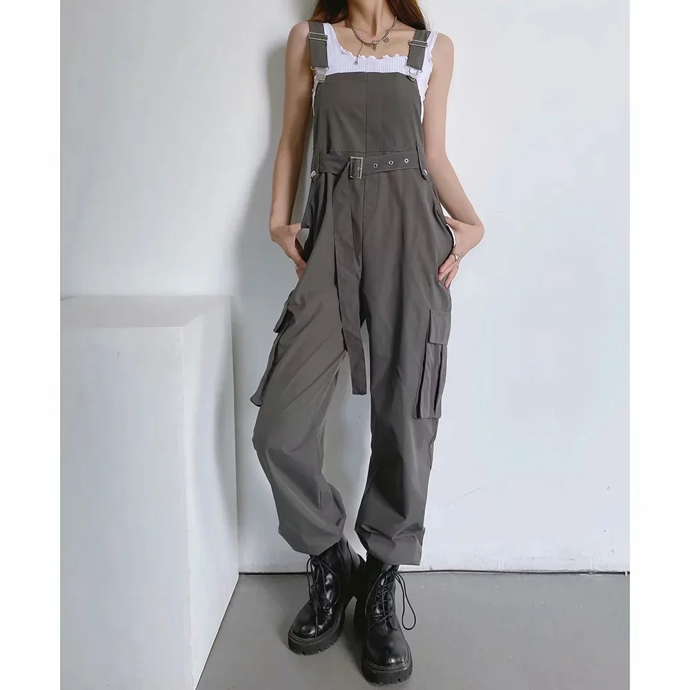 Vrouwen Mouwloze Jumpsuits 2023 Zomer Vintage Effen Grijze Losse Jarretel Rechte Hoge Taille Safari Stijl Outfit Kleding