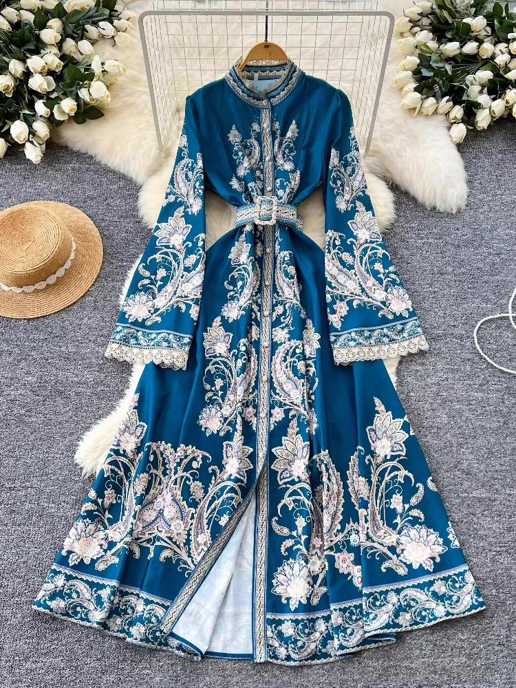 

Retro Court Long Dress Women Printed Single Breasted Flared Sleeve Elegant Evening Party Dresses Spring Autumn Long Robe 2025