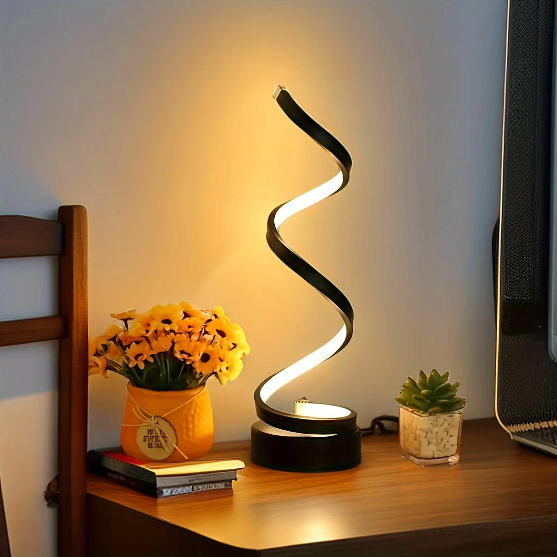 Lampu meja Spiral, untuk kamar tidur kantor, rak buku, dekorasi rumah ruang tamu, peredupan tiga warna