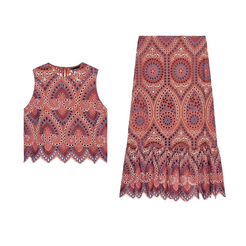 Comfortable round Ne Svel Embroidered High Waist Midi Skirt Two Piece Set Spring Faion Women's Clothing