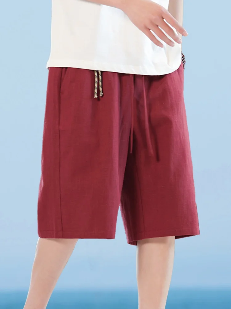 

Summer Cool Feeling Linen orts Men's Loose Five-Point Cotton-Linen Casual Pants Red Sport Pants Mid-Length Straight Leg Jeans