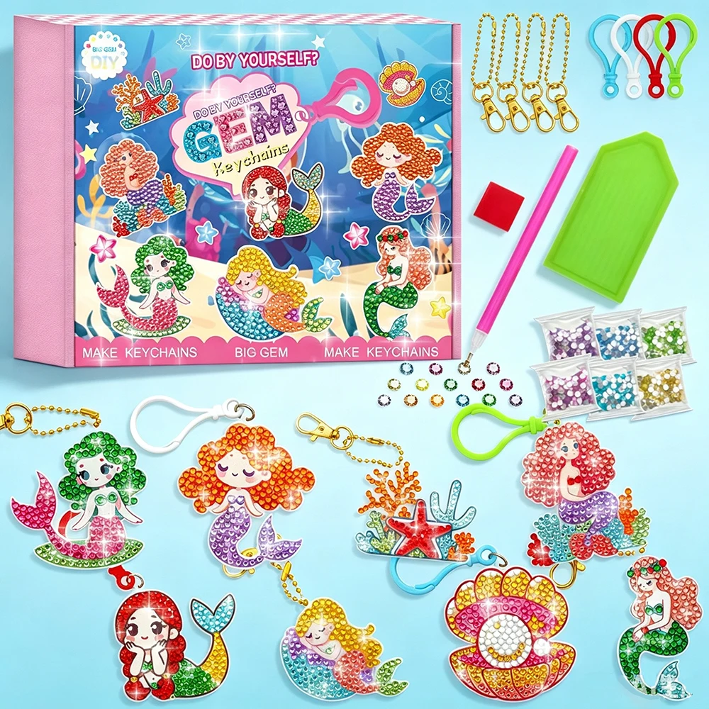 Kids DIY Mermaid 5D Gem Keychain Painting Set Ocean Animal Diamond Art Handicraft Toy Complete Supplies Birthday Gift