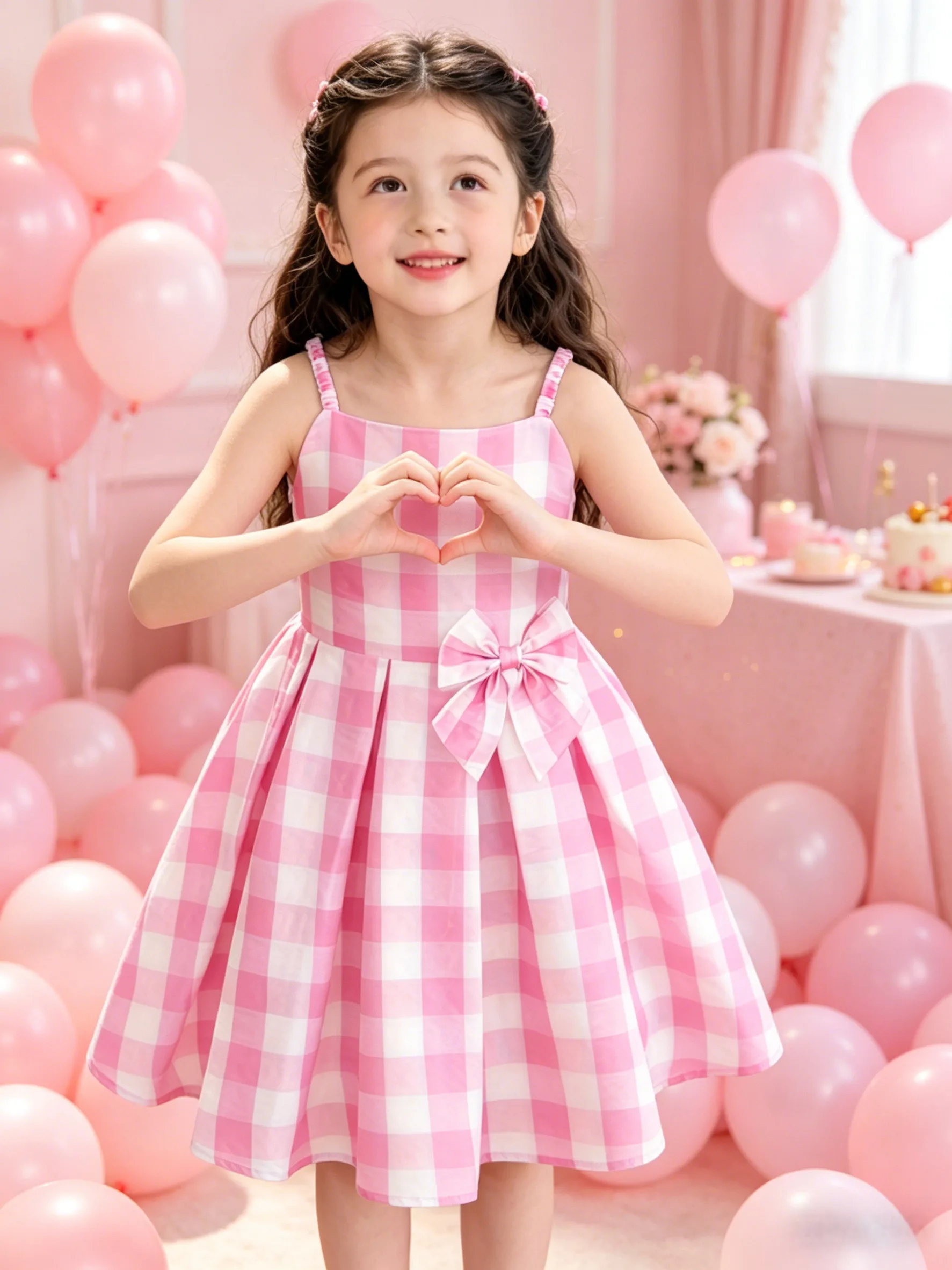 Vestido Tipo Slip Rosa a Cuadros para Niñas con Lazo, Ideal para Fiestas de Cumpleaños y Ocasiones Casuales Diarias