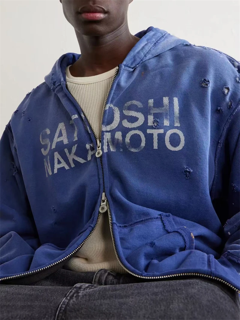 Autumn/Winter 26SS Logo Letter Printed Washed Vintage Piercing Ink Splashing Zipper Hoodie High Street Casual Cotton Sports Top