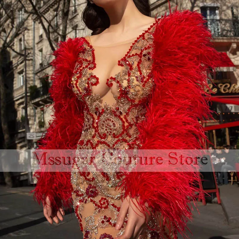 2022 Feathers Red Evening Dresses Short Beading Mermaid Party Prom Gowns African robes de soiree