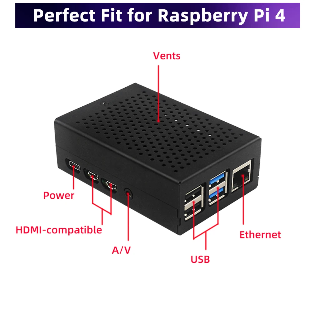 Raspberry Pi 4 Metal Case Black Silver Vents Shell with Cooling Fan Optional Heatsink Power Supply  for Raspberry Pi 4 Model B