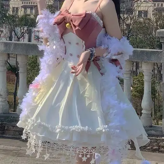 ชุดเดรสลอลิต้าแบบสายเดี่ยวเอวสูงเล็กน้อย  พร้อมคำเตือนการเต้นของหัวใจ / คำเตือนการเต้นของหัวใจ  น่ารักแบบโลลิต้า