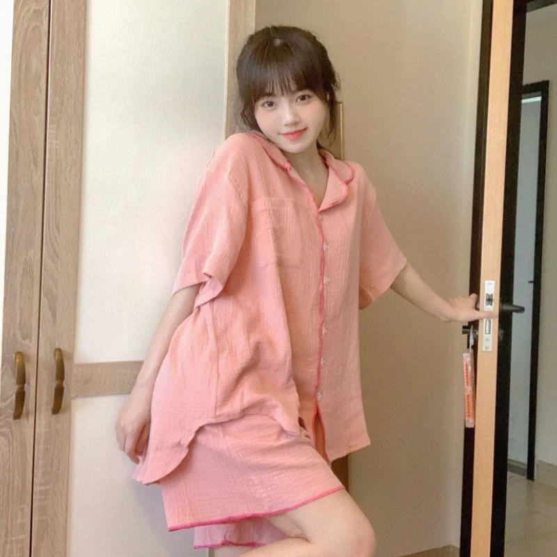 Kawaii Pink Pajama Sets for Women Summer Schoolgirls Loose Sleepwear Fashion Japanese Style Lounge Short Sleeve Pijamas Youth