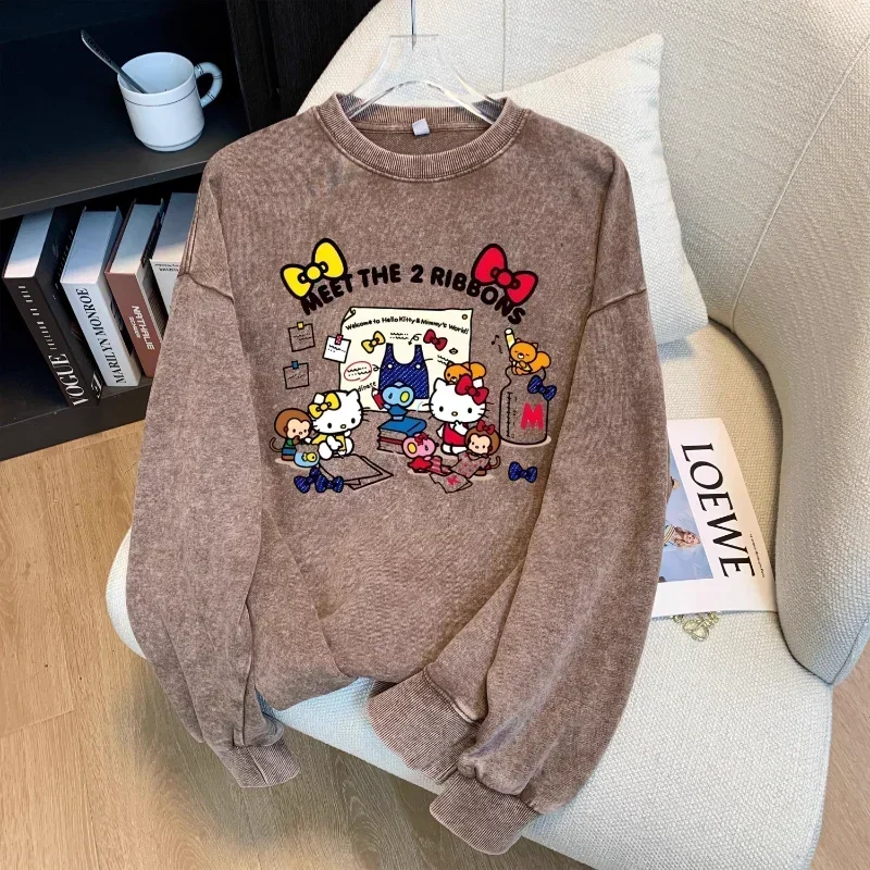 Cartoon Hello Kitty Women's T-Shirt Winter Cotton Crew Neck Long Sleeve Casual Anime Peripheral Women's Top New Sanrio T-Shirt x